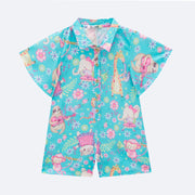 Macacão Infantil Kukiê Leve Floral e Animais Azul - frente do macacão infantil estampado