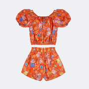 Conjunto Infantil Kukiê Cropped Floral Laranja - parte de trás do conjunto