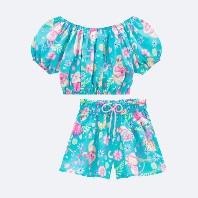 Conjunto Infantil Kukiê Cropped Tecido Floral Azul - frente do conjunto infantil feminino