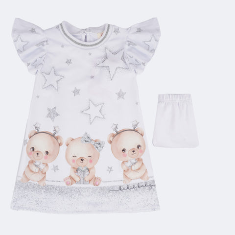 Vestido de Bebê Kukiê Urso Natal Branco - frente do vestido infantil branco