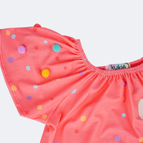 Vestido Infantil Kukiê Pompom e Poá Colorido e Rosa - detalhe da manga