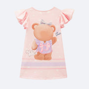 Vestido Infantil Kukiê Ursa Paetê e Strass Rosa.