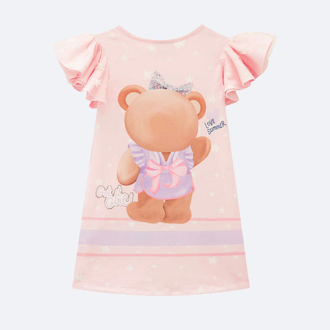 Vestido Infantil Kukiê Ursa Paetê e Strass Rosa - costas do vestido estampado