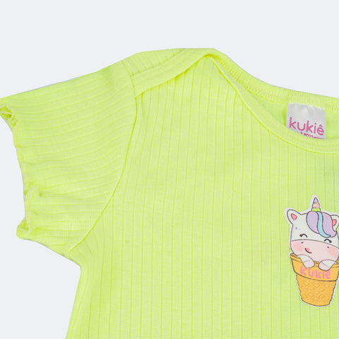 Body Bebê Kukiê Canelado Unicórnio Menta Neon - manga do body infantil feminino 