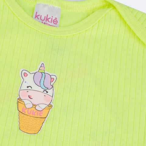 Body Bebê Kukiê Canelado Unicórnio Menta Neon - detalhe frontal do body infantil feminino