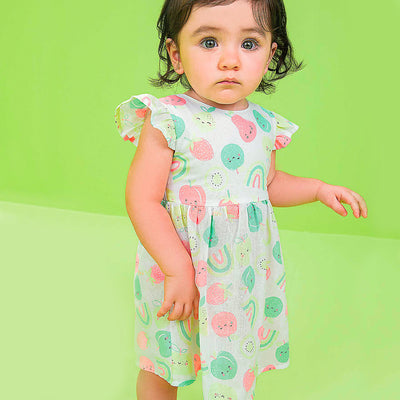 Vestido de Bebê Kukiê Frutas Branco e Colorido - frente do vestido infantil