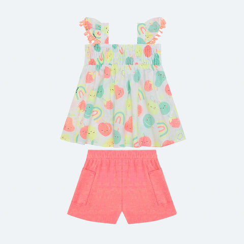 Conjunto de Bebê Kukiê Frutas Branco e Colorido Neon - costas do conjunto para menina