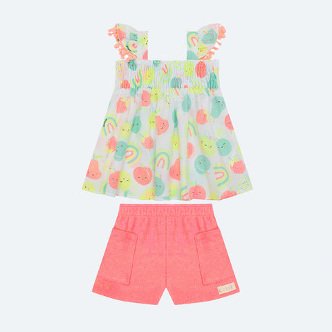 Conjunto de Bebê Kukiê Frutas Branco e Colorido Neon - frente do conjunto menina