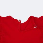 Conjunto Bebê Kukiê Bata Tule Vermelha e Short Jeans - detalhe do botão aberto