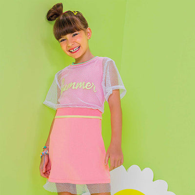 Conjunto Infantil Kukiê Vestido Canelado e Top Tela Rosa Neon - frente do vestido infantil