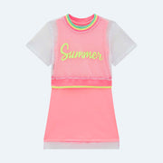 Conjunto Infantil Kukiê Vestido Canelado e Top Tela Rosa Neon - frente do vestido com tela 