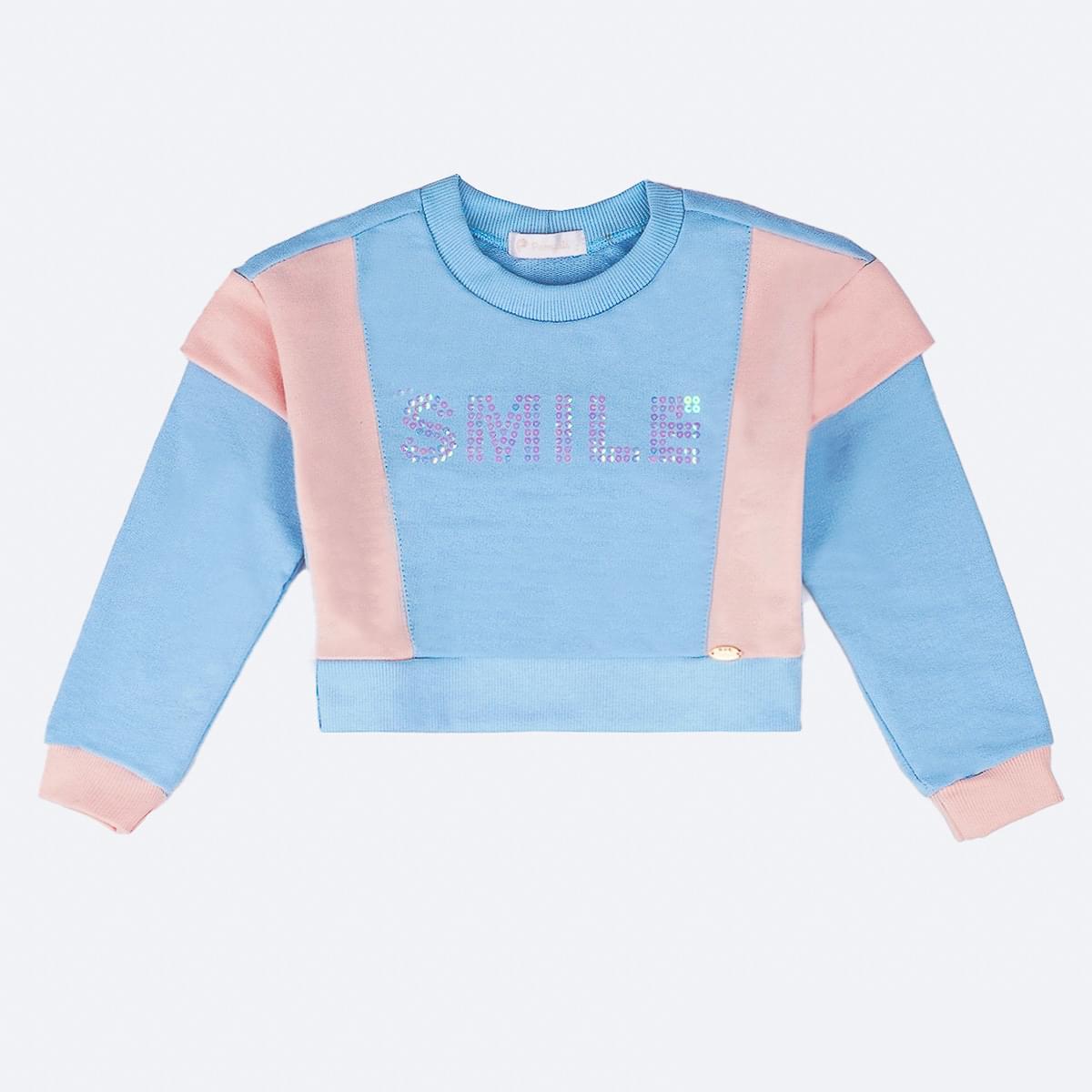 Blusa Infantil Pampili Moletom Paetê Smile Azul e Rosa - frente blusa moletom infantil