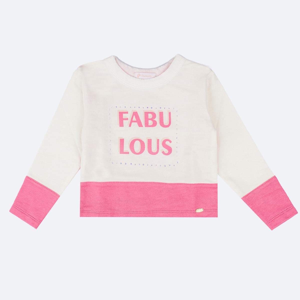 Blusa Manga Longa Pampili Fabulous Strass Off White e Rosa - frente da blusa infantil feminina