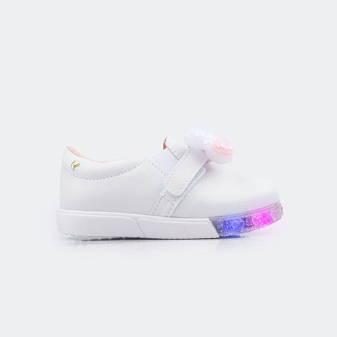 Tênis de Led Infantil Sneaker Luz com Laço Branco.