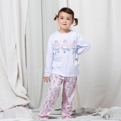 Pijama Infantil Cara de Criança Manga Longa Hipopótama Branco e Rosa - pijama na menina