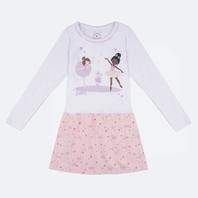 Camisola Infantil Cara de Criança Manga Longa Ballet Branco e Rosa - frente da camisola feminina