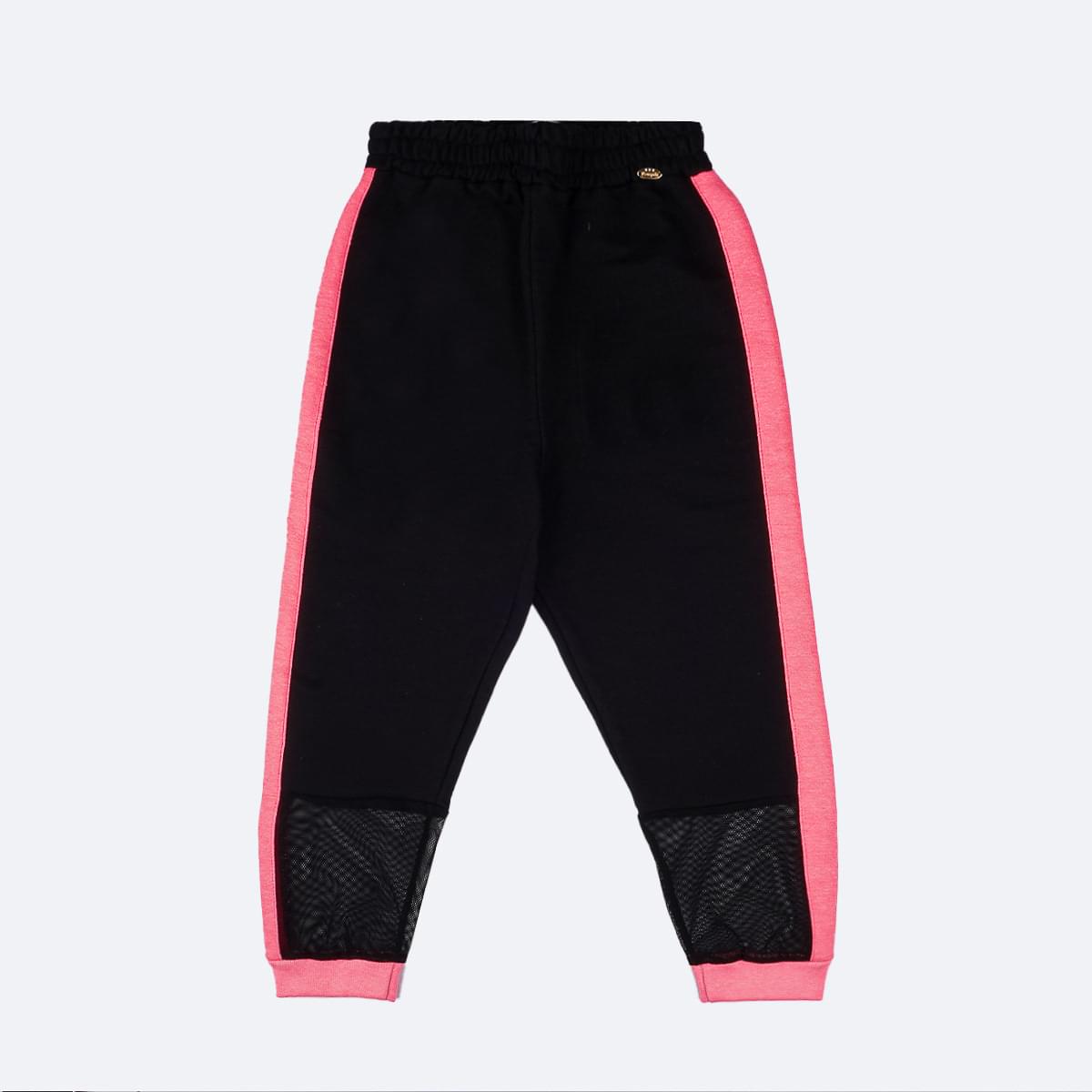 Calça Jogger Pampili Moletom e Tela Preta e Rosa - frente calça jogger feminina