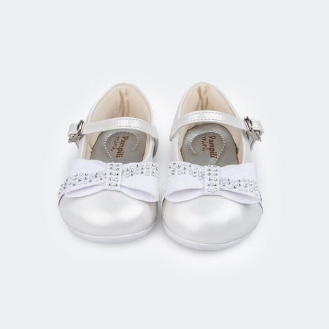 Sapato Infantil Primeiros Passos Angel Laço com Aplicação Strass Branca.