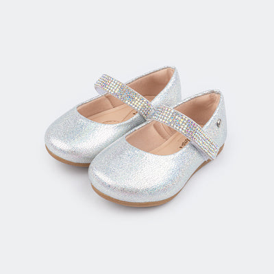 Sapato Infantil Mini Angel Tira em Strass Prata.