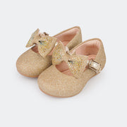 Sapato Infantil Primeiros Passos Angel Glitter com Laço Strass Dourado.