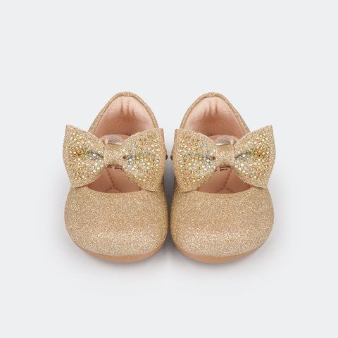 Sapato Infantil Primeiros Passos Angel Glitter com Laço Strass Dourado.