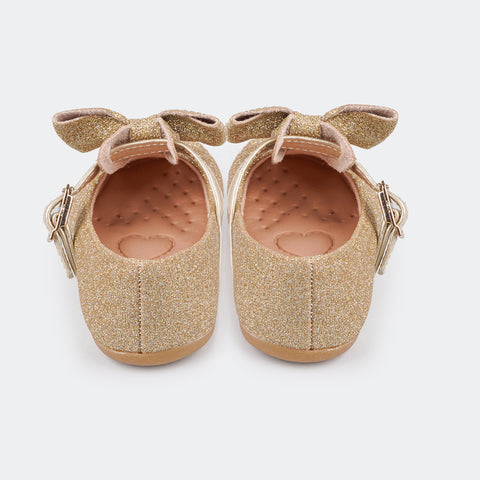 Sapato Infantil Primeiros Passos Angel Glitter com Laço Strass Dourado.