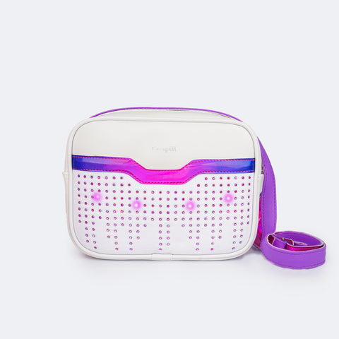 Bolsa Infantil Pampili Seja Luz Led Holográfica Branca Lilás e Pink - frente da bolsa infantil branca