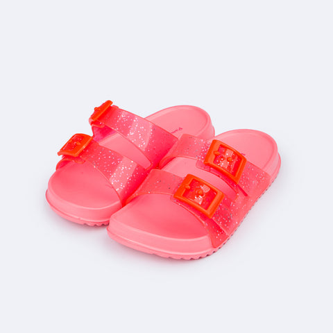 Chinelo Slide Infantil Pampili Fun Glee com Fivela e Glitter Rosa - frente do chinelo infantil feminino