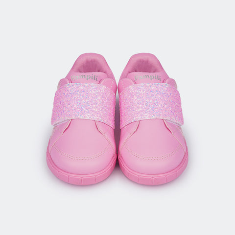 Tênis de Led Infantil Pampili Sneaker Luz Paetê e Briho Rosa Bale - frente tênis infantil rosa