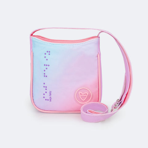 Bolsa Feminina Tweenie Corações Diversos Braile Degradê Rosa Chiclete e Colorida - parte frontal com cores degradê 