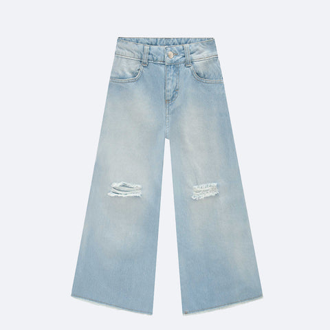 Calça Jeans Infanti Wide Leg Desfiada - frente calça jeans infantil