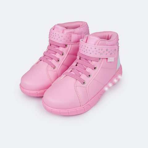 Tênis de Led Cano Médio Infantil Pampili Sneaker Luz Holográfico Rosa Bale - frente tênis infantil feminino