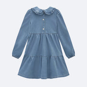 Vestido Jeans Infantil Kukiê Gola com Babados Azul - costa do vestido infantil babado