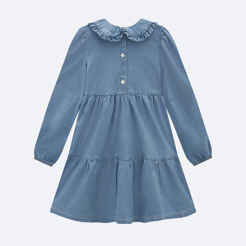 Vestido Jeans Infantil Kukiê Gola com Babados Azul - costa do vestido infantil babado