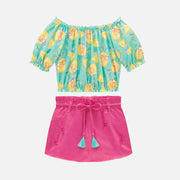 Conjunto Infantil Kukiê Cropped Abacaxi Azul e Rosa - frente do conjunto