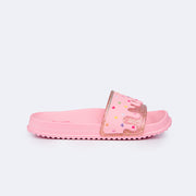 Chinelo Infantil Pampili Fun Glee Glitter Dourado Rosa Bebê - lateral do chinelo rosa