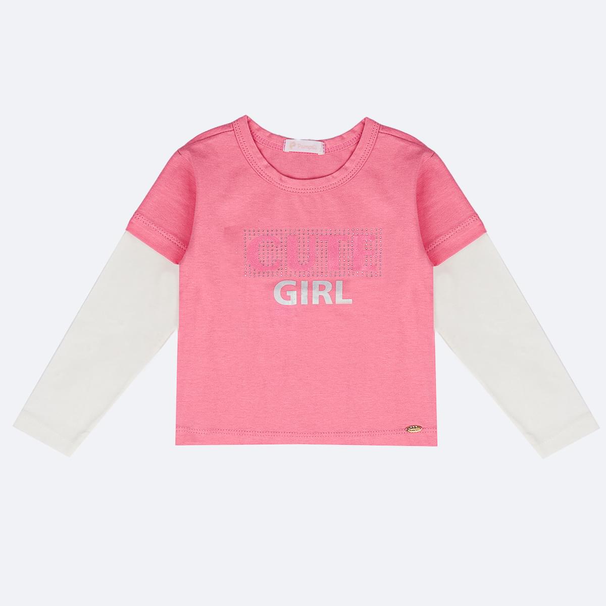 Camiseta Infantil Pampili Manga Longa Cute Girl Rosa e Branca - frente camiseta manga longa