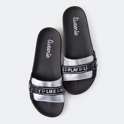 Chinelo Slide Tweenie #Glow Prata e Preto.