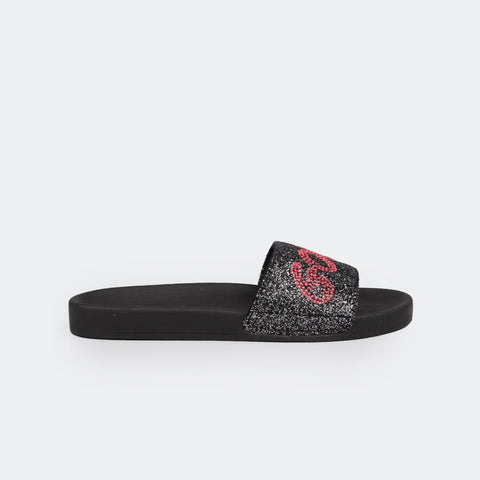 Chinelo Slide Feminino Tweenie #Glow Good Vibes Glitter Preto Prata.