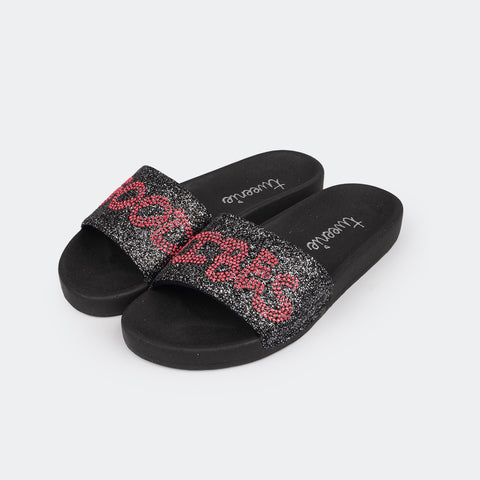 Chinelo Slide Feminino Tweenie #Glow Good Vibes Glitter Preto Prata.