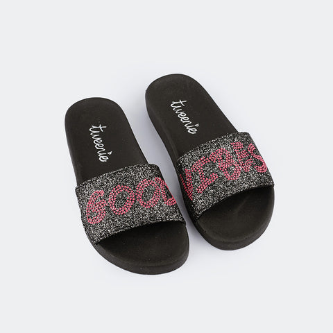 Chinelo Slide Feminino Tweenie #Glow Good Vibes Glitter Preto Prata.