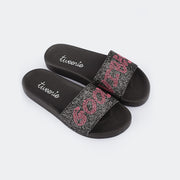 Chinelo Slide Feminino Tweenie #Glow Good Vibes Glitter Preto Prata.