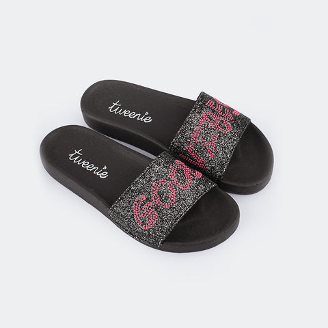 Chinelo Slide Feminino Tweenie #Glow Good Vibes Glitter Preto Prata.