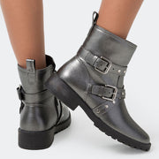 Bota Feminina Tweenie Cano Médio #Rocky Grafite Com Fivelas.