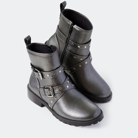 Bota Feminina Tweenie Cano Médio #Rocky Grafite Com Fivelas.