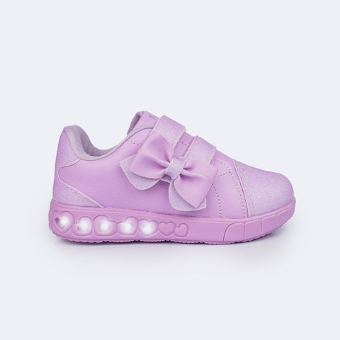 Tênis de Led Infantil Pampili Sneaker Luz Calce Fácil com Laço e Glitter Lilás - lateral do tênis feminino de led