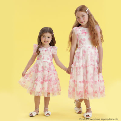Vestido de Festa Petit Cherie Babado Tule Flores Branco e Vermelho - 2 a 6 Anos - meninas com o vestido infantil