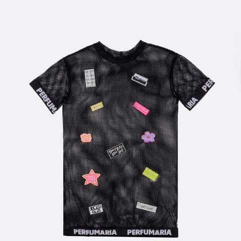 Vestido Infantil Perfumaria T-Dress Tela Emojis Preto - frente do vestido menina