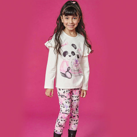 Conjunto Infantil Kukiê Blusa e Legging Panda Branco e Rosa - frente do conjunto na menina