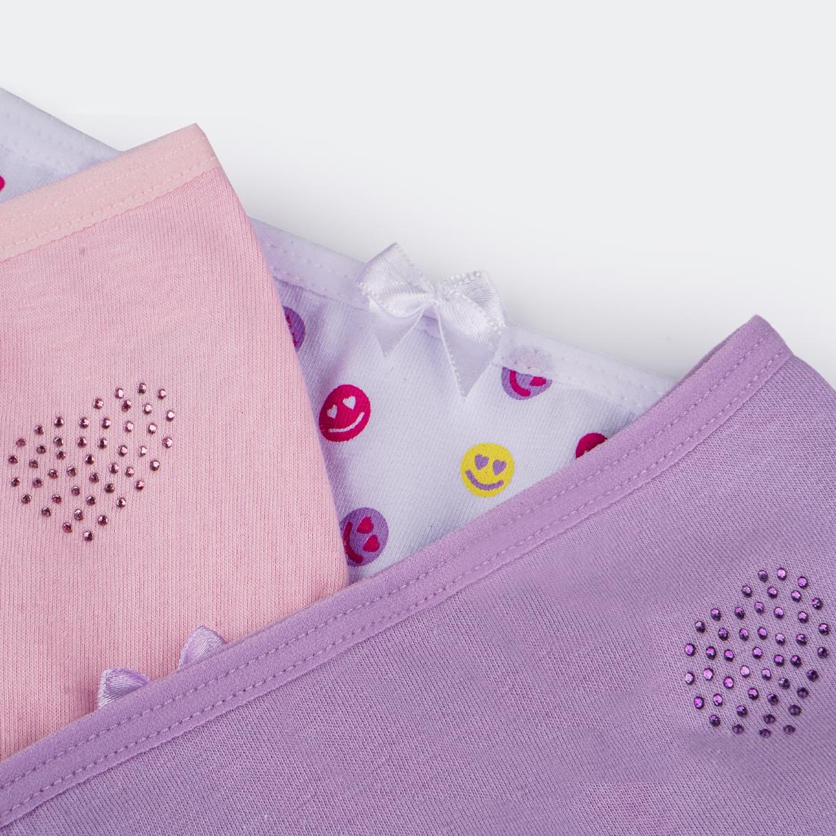 Kit Calcinha Infantil Pampili Sortidas Strass Coração e Emoji Branca Rosa e Lilás - detalhes das calcinhas 